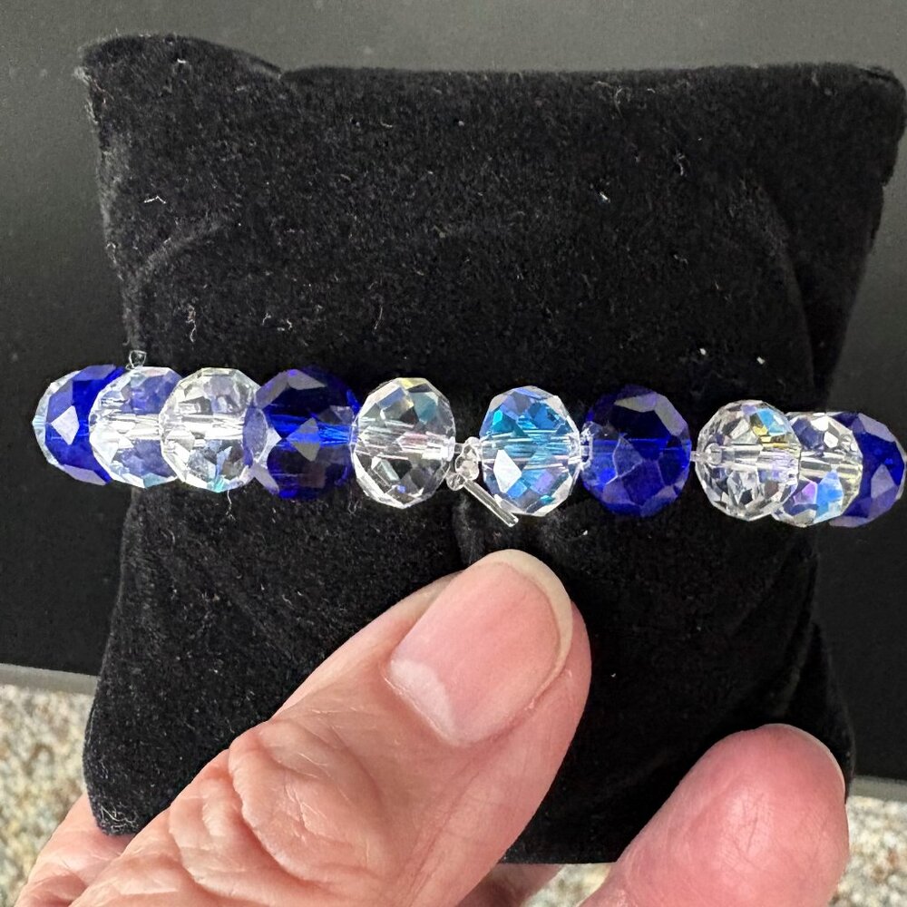 Evil Eye Protection Stretchy Bracelet Cobalt Blue/Clear Faceted Crystal Beads - Picture 2 of 6